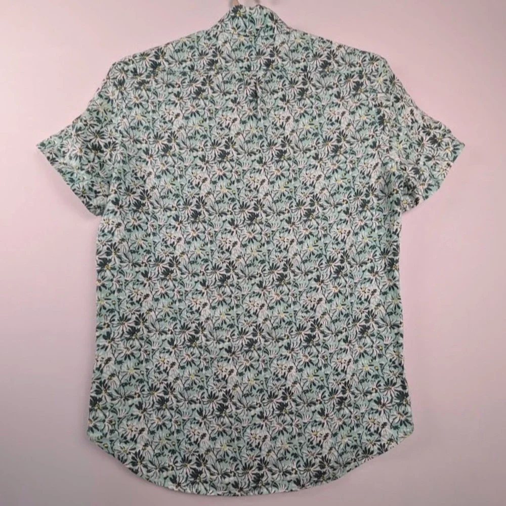J.Crew 100% Linen Short‎ Sleeve Button Down Mens M Green Daisy Floral